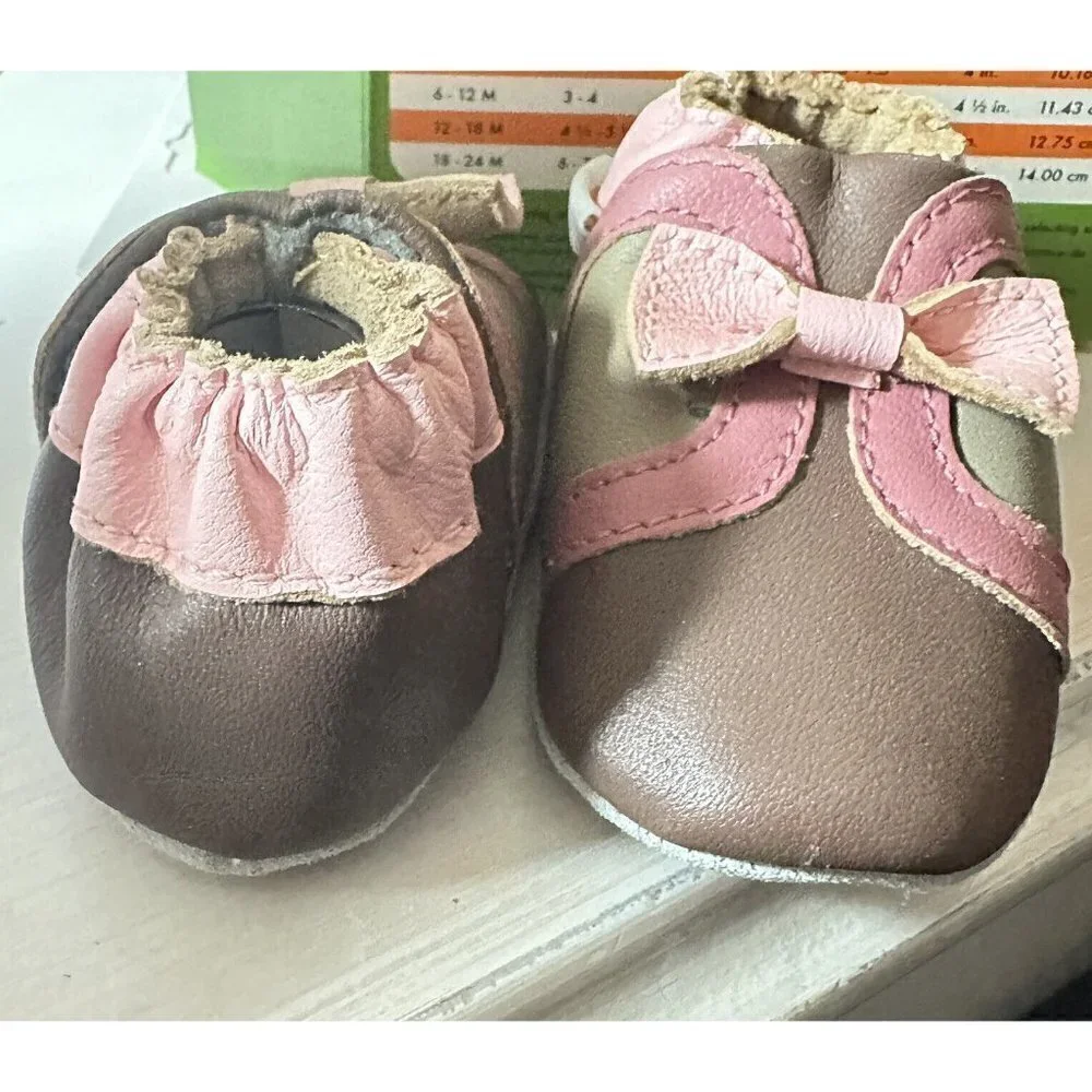 Momo Baby 0-6 Month Soft Sole Bootie Leather Baby Shoes Brown‎ And Pink Bow New